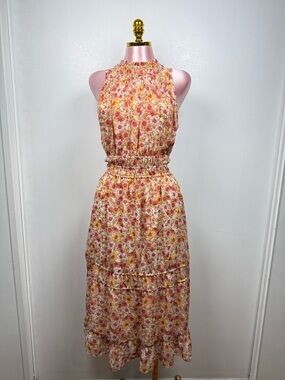 Sienna Sky Floral Midi Dress Halter Neck Smocked Waist Ruffle Hem Boho Size Xs